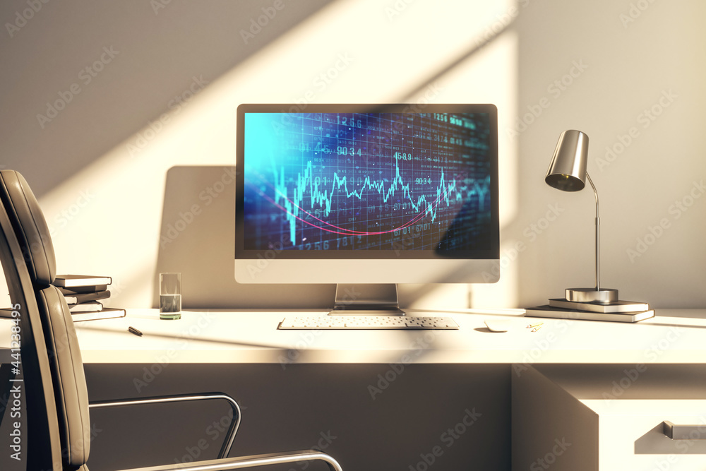 Modern computer screen with abstract financial diagram, banking and accounting concept. 3D Rendering Modern computer screen with abstract financial diagram, banking and accounting concept. 3D Rendering