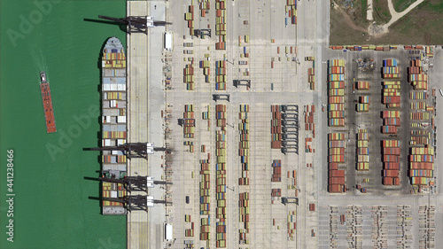 trade, ships and containers port of Houston, looking down aerial view from above, bird’s eye view, port of Houston, USA