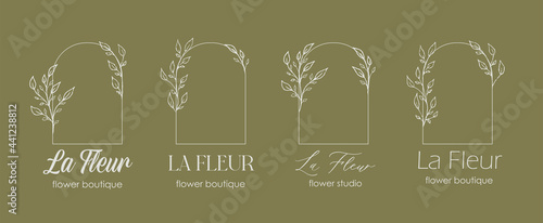 Logo design template and monogram concept in trendy linear style with arch - floral frame with copy space for text or letter - emblem for fashion, beauty and jewellery, Wedding invitation, socia.