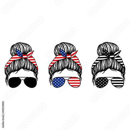 4th of july. Women with aviator glasses bandana and USA Flag print. Patriotic Messy Bun Mom Lifestyle. Vector illustration.  Isolated on white background. Good for posters, t shirts, postcards.
