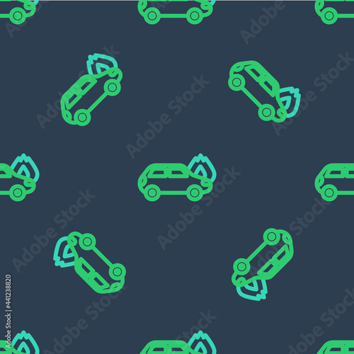 Line Burning car icon isolated seamless pattern on blue background. Car on fire. Broken auto covered with fire and smoke. Vector