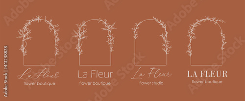 Logo design template and monogram concept in trendy linear style with arch - floral frame with copy space for text or letter - emblem for fashion, beauty and jewellery, Wedding invitation, socia.