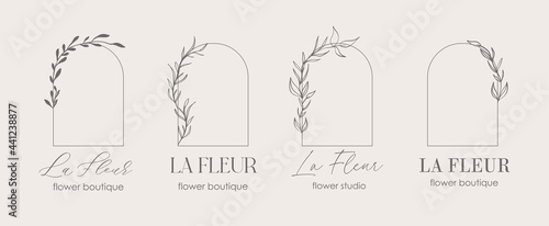 Logo design template and monogram concept in trendy linear style with arch - floral frame with copy space for text or letter - emblem for fashion, beauty and jewellery, Wedding invitation, socia.