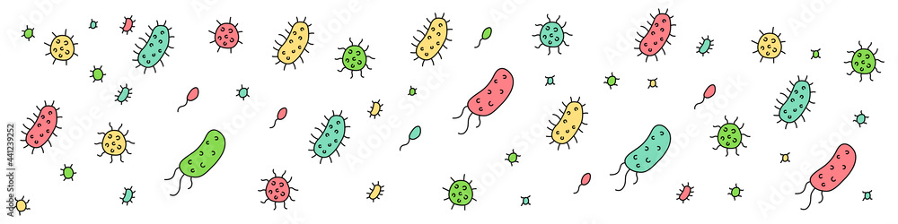 Portada de virus, bacterias, bacilos, germen, microbio, de diferentes colores. Concepto de partículas infecciosas. Ilustración vectorial Portada de virus, bacterias, bacilos, germen, microbio, de diferentes colores. Concepto de partículas infecciosas. Ilustración vectorial