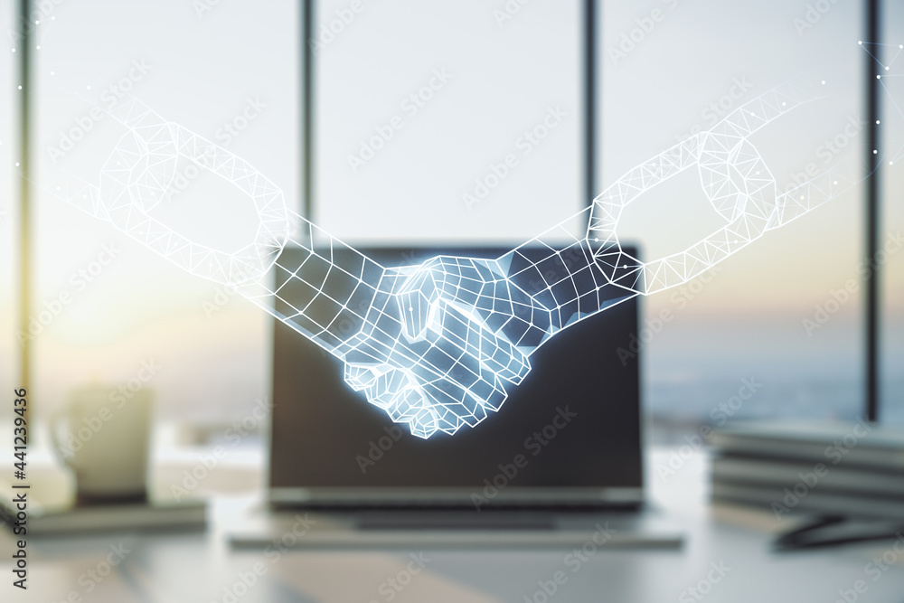 Naklejka premium Double exposure of blockchain technology with handshake hologram on laptop background. Research and development decentralization software concept