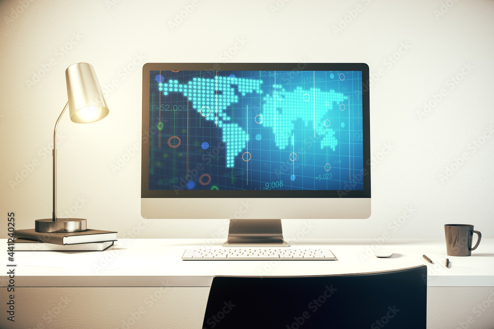 Abstract creative digital world map on modern laptop monitor, tourism and traveling concept. 3D Rendering Abstract creative digital world map on modern laptop monitor, tourism and traveling concept. 3D Rendering