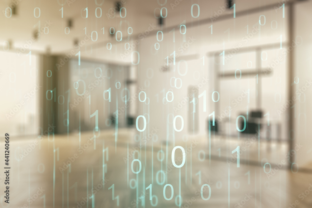 Abstract virtual binary code hologram on a modern furnished classroom background, AI and machine learning concept. Multiexposure Abstract virtual binary code hologram on a modern furnished classroom background, AI and machine learning concept. Multiexposure
