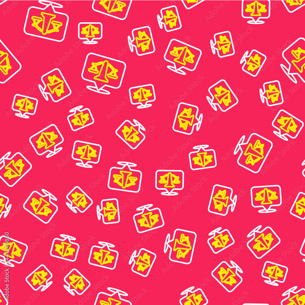 Line Scales of justice icon isolated seamless pattern on red background. Court of law symbol. Balance scale sign. Vector Line Scales of justice icon isolated seamless pattern on red background. Court of law symbol. Balance scale sign. Vector