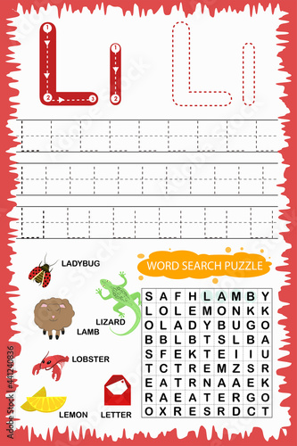 educational worksheet for children learning the English alphabet. Handwriting and crossword puzzle game for memorizing words. Letter L