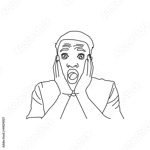 Abstract line art suprised black man isolated on white background