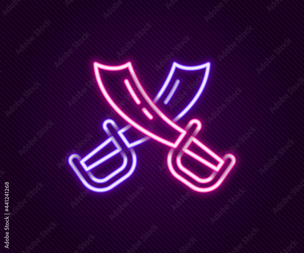 Glowing neon line Crossed pirate swords icon isolated on black background. Sabre sign. Colorful outline concept. Vector Glowing neon line Crossed pirate swords icon isolated on black background. Sabre sign. Colorful outline concept. Vector