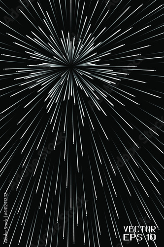 Abstract Black and White Geometric Spatial Pattern. Festive Firework Isolated on Night Background. Illustration of Explosive Starburs with Rays. Vector. 3D Illustration