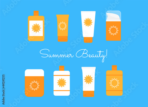 Different spf sunblock creams postcard. Summer beach travel beauty concept. Sun safety UV protective sunscreen cosmetic products icon set collection. Bright colorful flat vector illustration EPS10