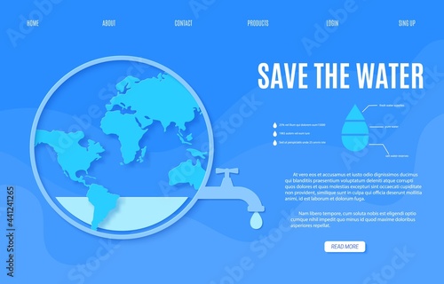 Web page Save the Water banner design template in paper cut style. Outline circle with faucet tap with a dripping water drop and Earth map silhouette. 22 March World Water Day website. Vector
