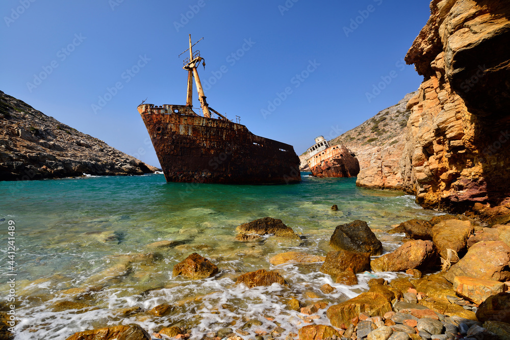 Shipwreck of Olympia in Kalotaritissaon the coast of the Greek island of Amorgos
