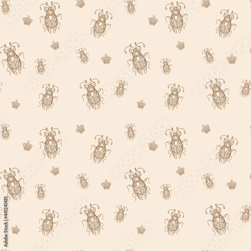 seamless pattern of black and white openwork beetle with crown on white background