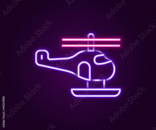 Glowing neon line Helicopter aircraft vehicle icon isolated on black background. Colorful outline concept. Vector