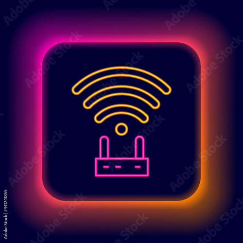 Glowing neon line Router and wi-fi signal icon isolated on black background. Wireless ethernet modem router. Computer technology internet. Colorful outline concept. Vector