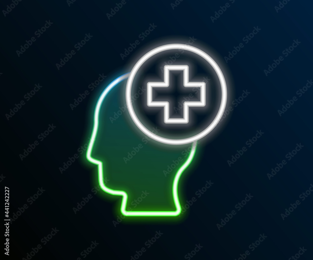 Glowing neon line Male head with hospital icon isolated on black background. Head with mental health, healthcare and medical sign. Colorful outline concept. Vector Glowing neon line Male head with hospital icon isolated on black background. Head with mental health, healthcare and medical sign. Colorful outline concept. Vector