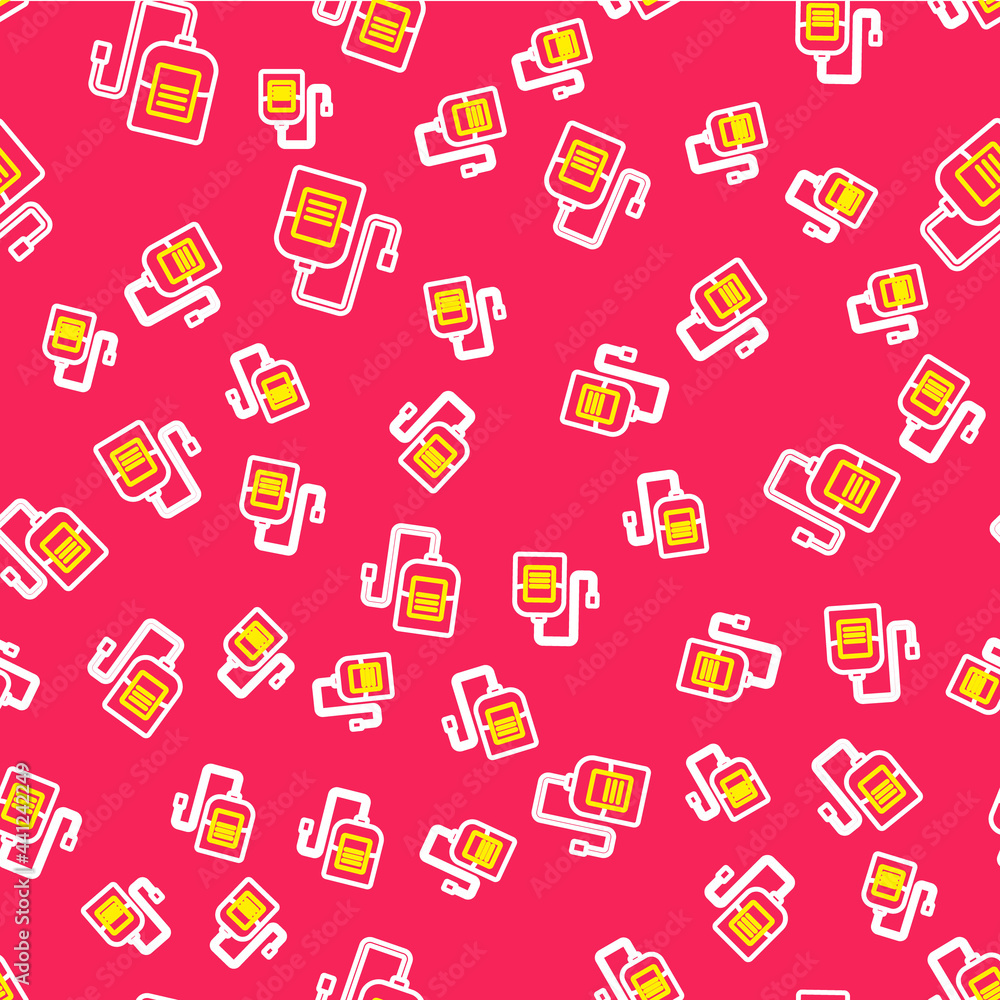 Line IV bag icon isolated seamless pattern on red background. Blood bag. Donate blood concept. The concept of treatment and therapy, chemotherapy. Vector Line IV bag icon isolated seamless pattern on red background. Blood bag. Donate blood concept. The concept of treatment and therapy, chemotherapy. Vector