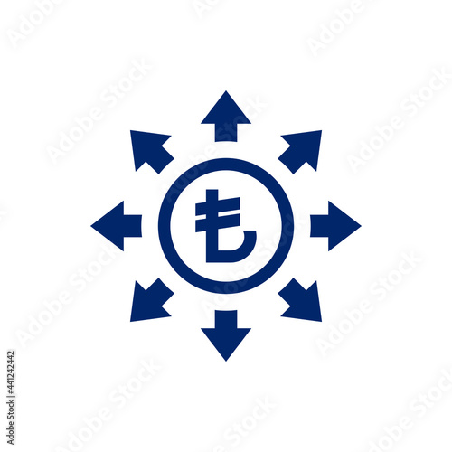 Turkish lira currency share network. Money sign with multiple arrows icon design isolated on white background. Vector illustration