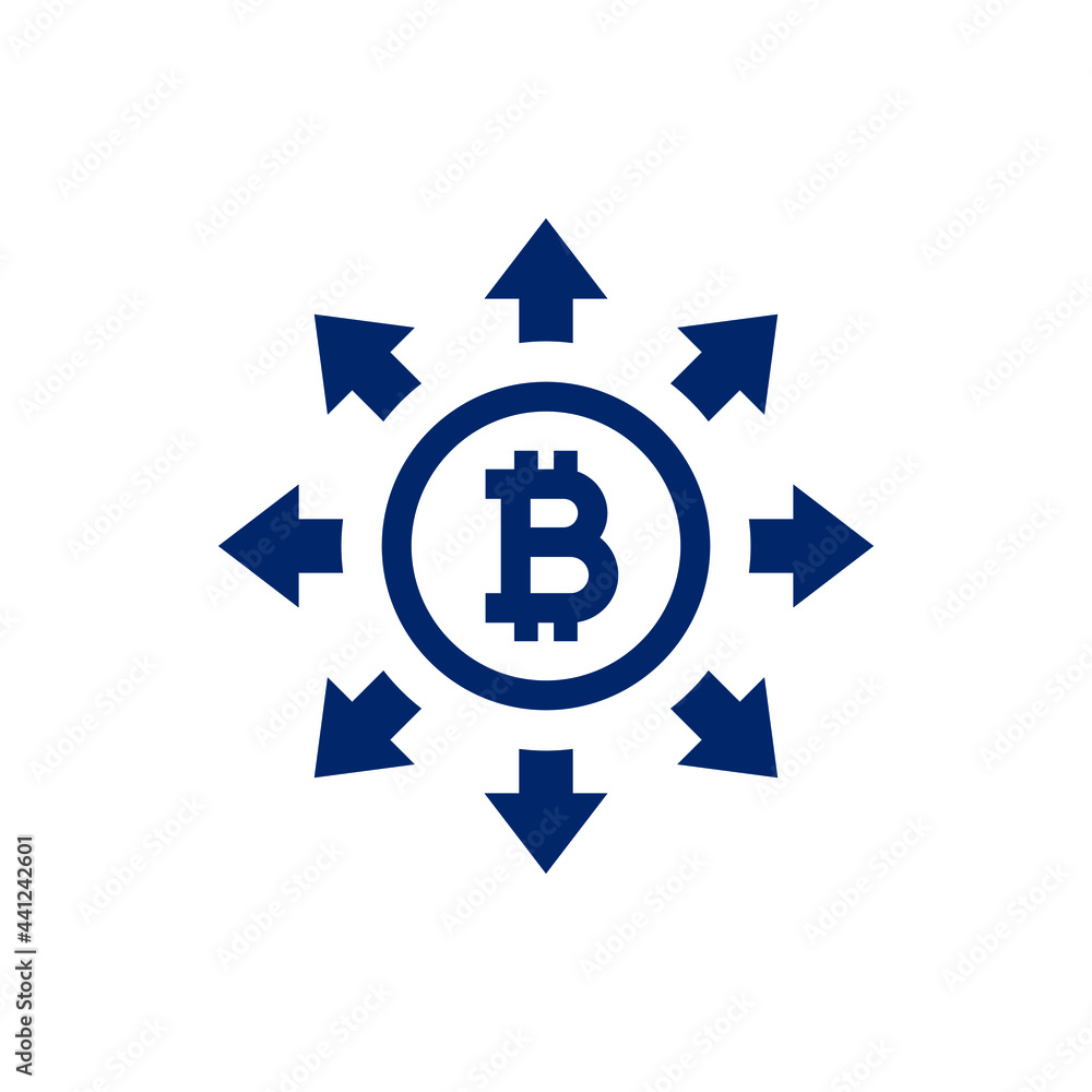 Bitcoin currency share network. Money sign with multiple arrows icon design isolated on white background. Vector illustration Bitcoin currency share network. Money sign with multiple arrows icon design isolated on white background. Vector illustration