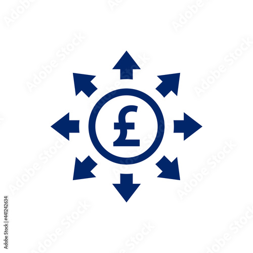 Pound currency share network. Money sign with multiple arrows icon design isolated on white background. Vector illustration