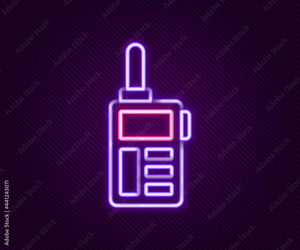 Glowing neon line Walkie talkie icon isolated on black background. Portable radio transmitter icon. Radio transceiver sign. Colorful outline concept. Vector Glowing neon line Walkie talkie icon isolated on black background. Portable radio transmitter icon. Radio transceiver sign. Colorful outline concept. Vector