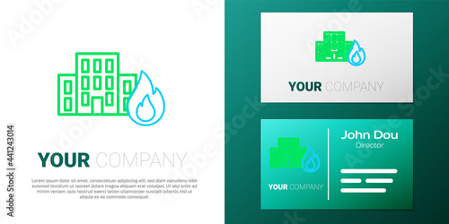 Line Fire in burning buildings on city street icon isolated on white background. Destroyed city on fire. Colorful outline concept. Vector