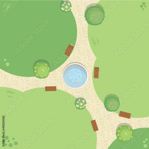 Overhead Top-view - Park with a water fountain 