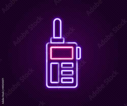 Glowing neon line Walkie talkie icon isolated on black background. Portable radio transmitter icon. Radio transceiver sign. Colorful outline concept. Vector