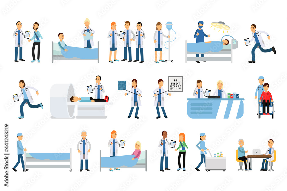 People Doctor Character Wearing Medical Uniform Observing Patient Vector Illustrations Set