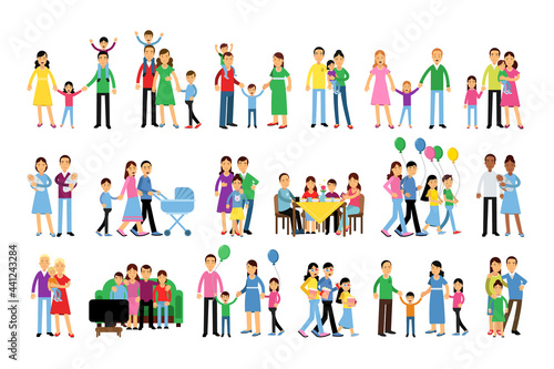 Family Members Walking and Spending Time Together Vector Illustration Set