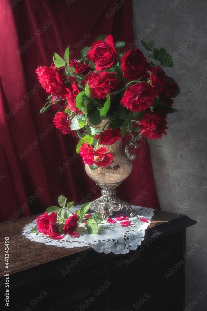 Still life with bouquet of magenta roses Still life with bouquet of magenta roses