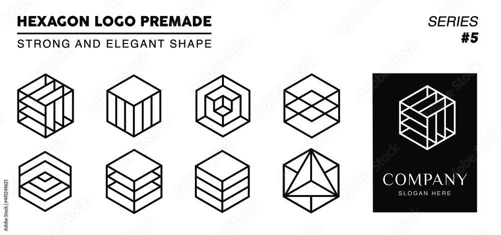 Black and white monogram hexagon logo, 8 collection hexagon logo line art with 1 logo template.
Black and white monogram hexagon logo, 8 collection hexagon logo line art with 1 logo template.