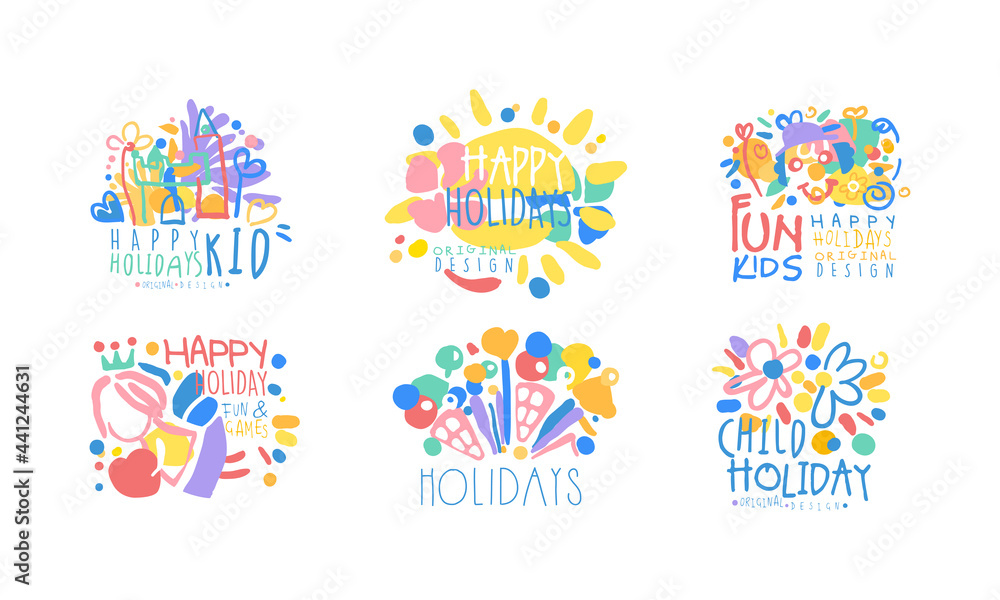 Fototapeta premium Fun Kids Happy Holidays Logo Design Set, Child Holidaym Fun and Games Colorful Labels Vector Illustration