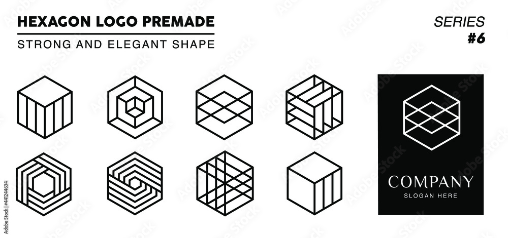 Black and white monogram hexagon logo, 8 collection hexagon logo line art with 1 logo template.
Black and white monogram hexagon logo, 8 collection hexagon logo line art with 1 logo template.