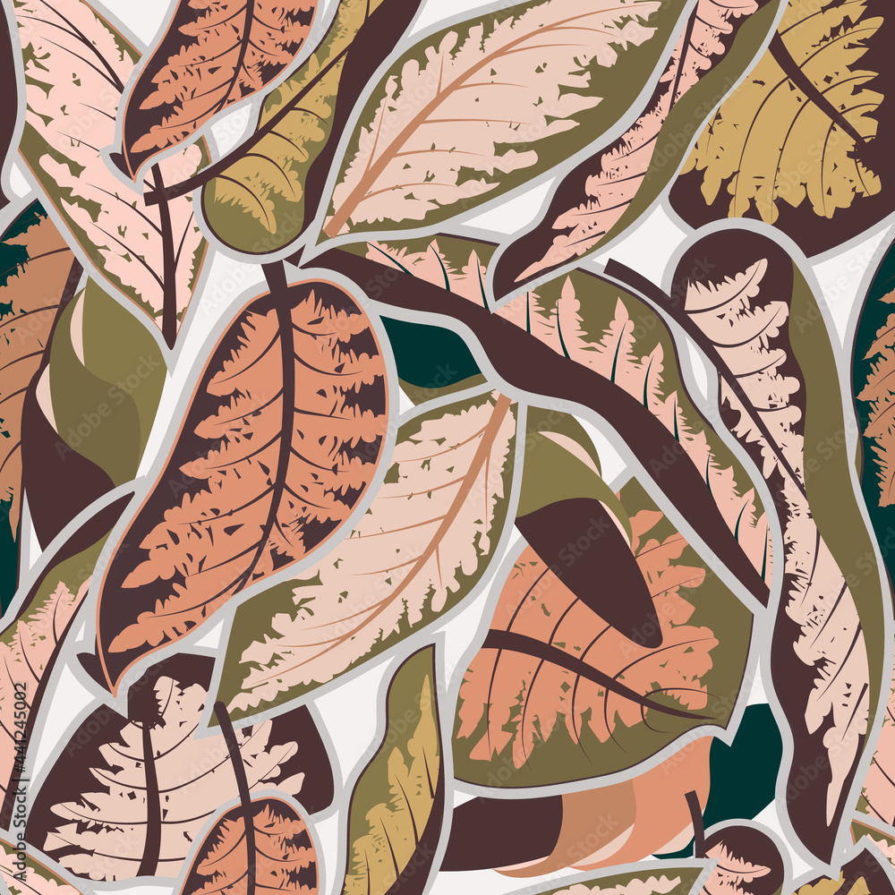 Fototapeta Dieffenbachia leaves seamless pattern in pastel colors.Floral endless wallpaper.Tropical foliage background.Trendy fabric design,wrapping paper,cover,card.Vector illustration.
