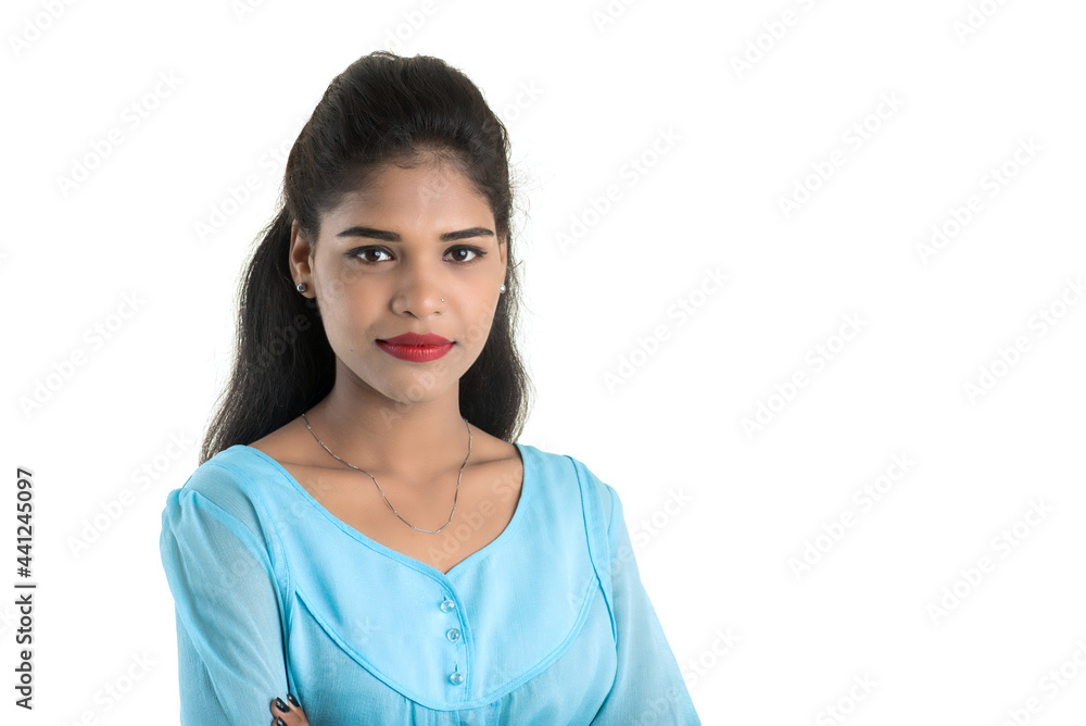 Portrait of beautiful young smiling girl posing on white background Portrait of beautiful young smiling girl posing on white background