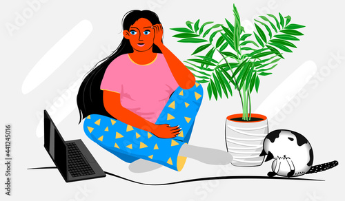 A girl sits on the floor in a cozy home environment with a cat,houseplant  and works or studies online using a laptop.Vector flat style illustration.
