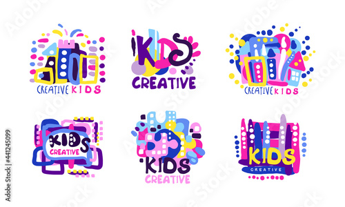 Creative Kids Logo Design Set, Children Creative, Science Class, Education Colorful Labels Cartoon Vector Illustration