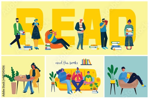 Vector concept illustrations of World Book Day, Reading the books and Book festival in the flat style.