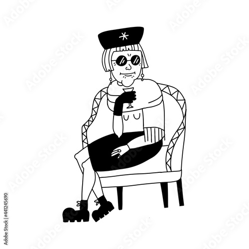 Rich woman in luxury clothes isolated on white background. Beautiful lady sitting in armchair. Old woman in glasses and stole . Cute elder character. Vector illustration in doodle style