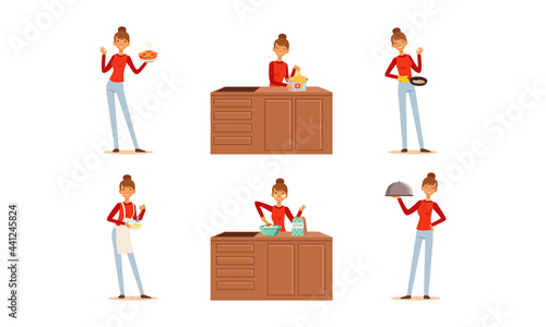 Smiling Woman Cooking at Kitchen Set, Cheerful Girl Preparing Tasty Dishes and Baking Cartoon Vector Illustration