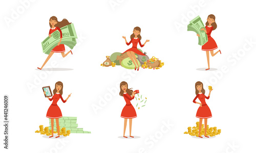 Happy Successful Young Woman Millionaire Enjoying her Money Set, Happy Wealthy Girl Sitting on Piles of Money Cartoon Vector Illustration