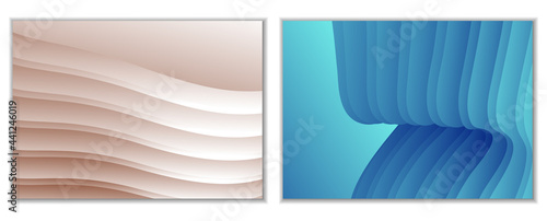 Abstract gradient waves background and folds. A set of 2 templates. 3D illustration in gentle pastel colors. Vector