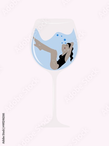 Vector illustration. Girl in glass. Poster with glass for bars and bar card. Bar label