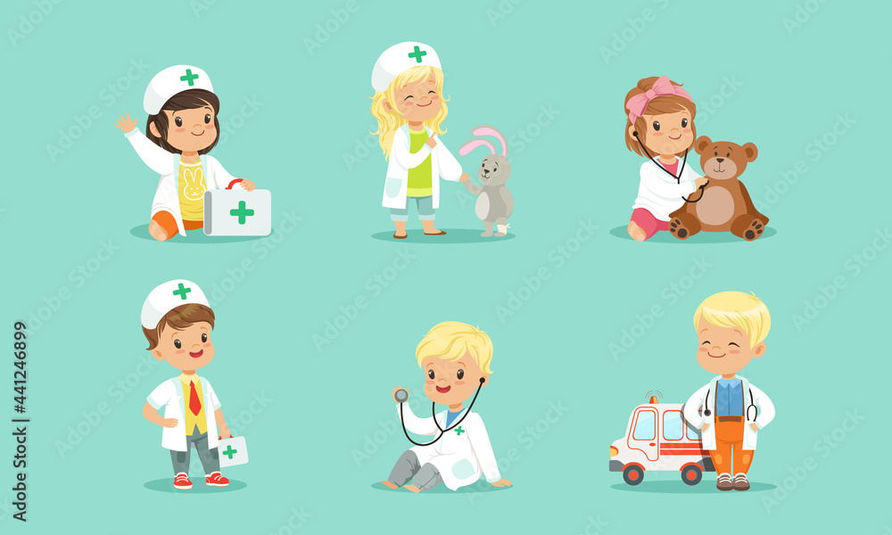 Cute Kids in White Coats Playing Doctors Set, Little Boys and Girls Treating their Patients with Medical Tools Cartoon Vector Illustration