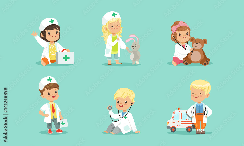 Cute Kids in White Coats Playing Doctors Set, Little Boys and Girls Treating their Patients with Medical Tools Cartoon Vector Illustration Cute Kids in White Coats Playing Doctors Set, Little Boys and Girls Treating their Patients with Medical Tools Cartoon Vector Illustration