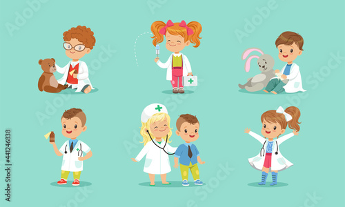 Set of Cute Kids Playing Doctors, Cheerful Little Boys and Girls Examining and Treating their Patients with Medical Tools Cartoon Vector Illustration